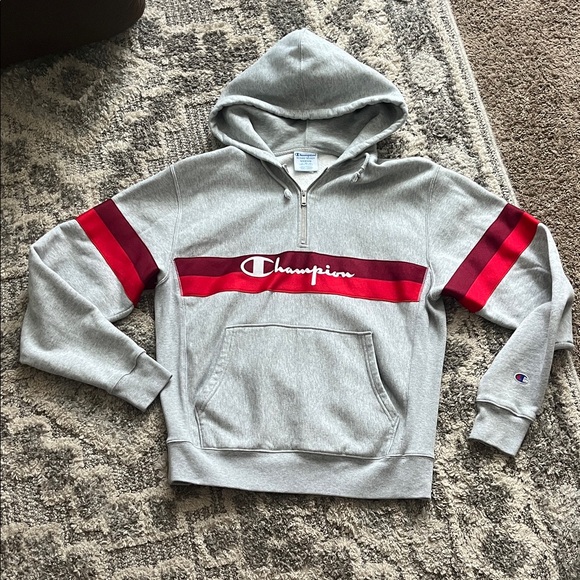 Vintage 90s Champion Reverse Weave Gray w Red Stripe Hoodie 1/4 Zip Size Med - Picture 1 of 3
